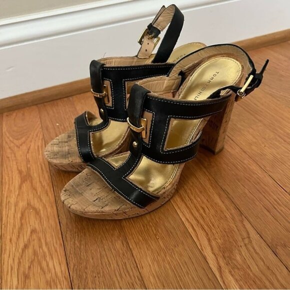 Tommy Hilfiger Edessa Platform Black Leather Pump Sandal Heels Women’s Size 7.5 - Picture 1 of 7